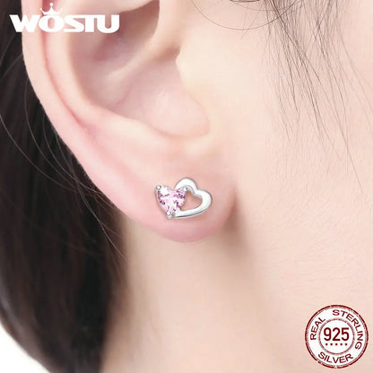 WOSTU Genuine 925 Sterling Silver Double Heart Shape Pink CZ  Romantic Stud Earrings For Women Wedding Jewelry Gift CQE090