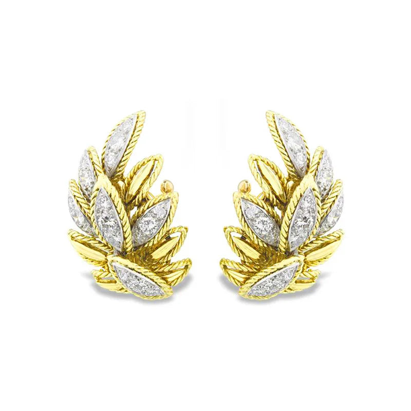 E2817 Gold Leaf Stud Earrings With Marquise Diamond Prong Setting For Women Luxury Party Jewelry