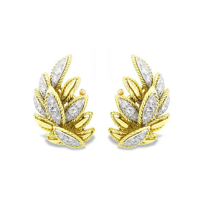 E2817 Gold Leaf Stud Earrings With Marquise Diamond Prong Setting For Women Luxury Party Jewelry