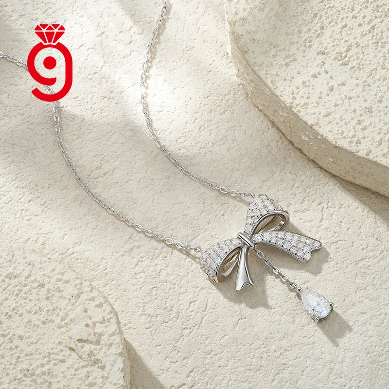 Fine Jewelry  Butterfly Knot  Waterdrop Necklace  Moissanite S925  Silver  Movable Sparkling Women Party Wedding Necklace