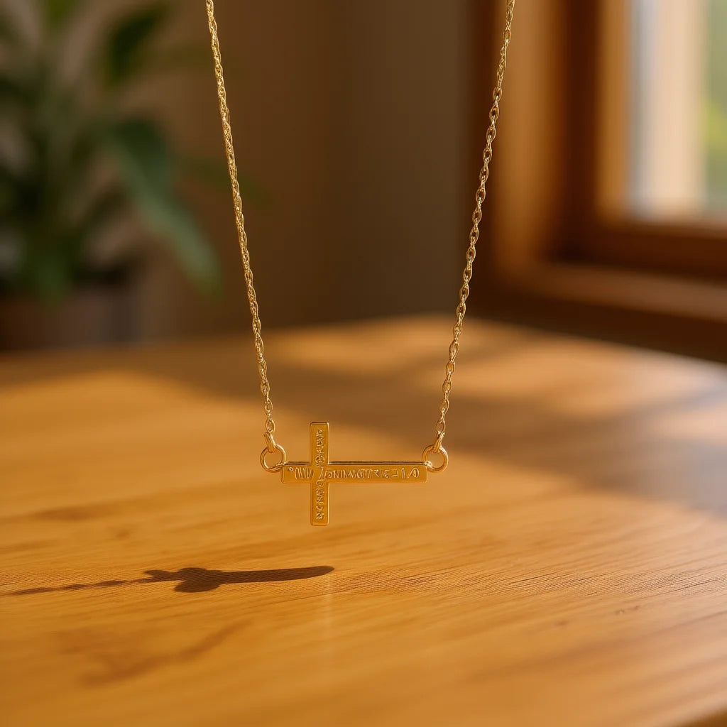 White Gold Cross Pendant Necklace with Engraved Prayer Christian Religious Jewelry Gold Plated for Everyday Wear Unisex