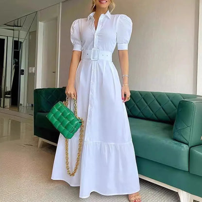 2025 European and American New Style Fashion Lapel Short Sleeved With Large Swing Whit Belt Long Dress