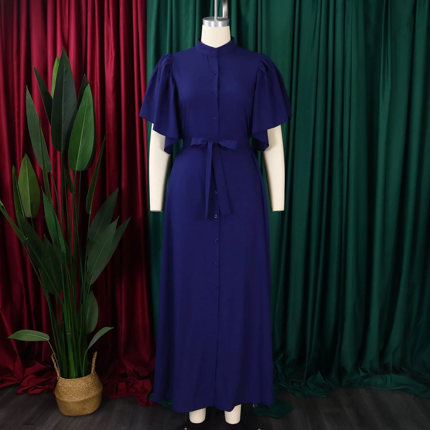 D3270 Trendy Elegant Loose Summer Dress for Women Flare Sleeves Single Breasted Long Dresses Women Casual Ladies Maxi Dress