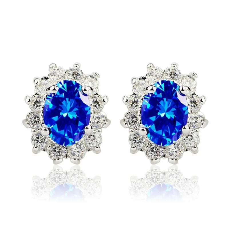 Silver Plated Oval Zircon Stud Earrings Flower Design Claw Setting for Women Party Jewelry Classic Style Zinc Alloy