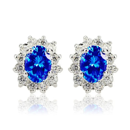 Silver Plated Oval Zircon Stud Earrings Flower Design Claw Setting for Women Party Jewelry Classic Style Zinc Alloy