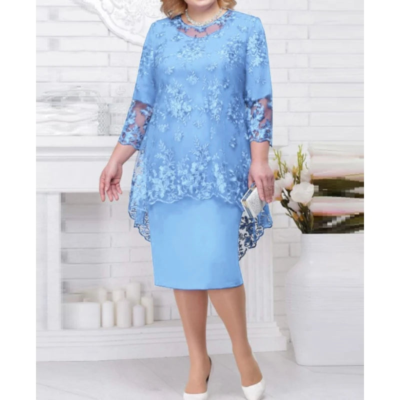 New Women's Lace Embroidery Coverall Inner Dresses Plus Size 2 Piece Set Sehe Fashion