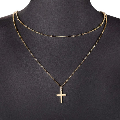 Simple Stainless Steel Cross Chain Clip Bead Necklace Stainless Steel Double Layer Cross Multi-Layer Necklace Women