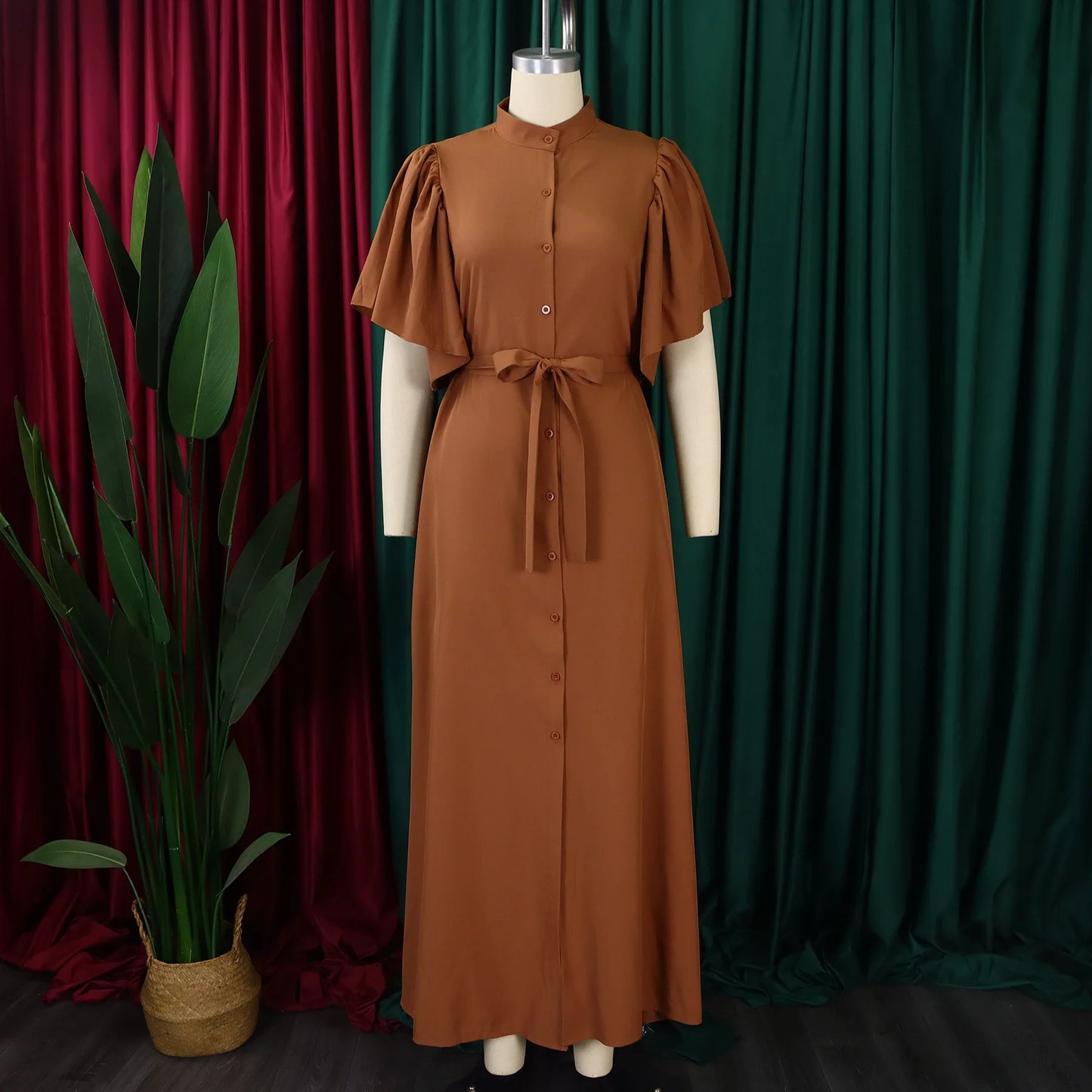 D3270 Trendy Elegant Loose Summer Dress for Women Flare Sleeves Single Breasted Long Dresses Women Casual Ladies Maxi Dress