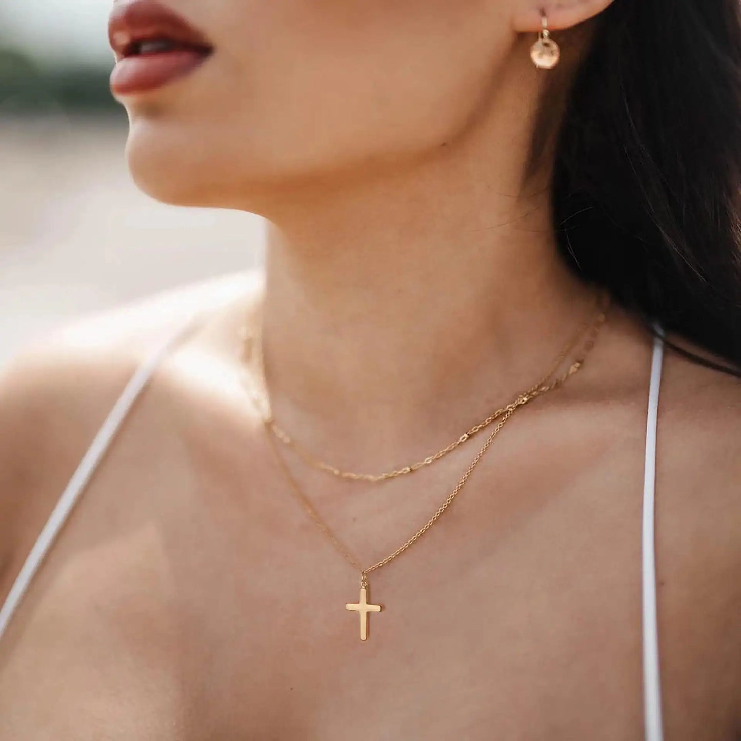 Simple Stainless Steel Cross Chain Clip Bead Necklace Stainless Steel Double Layer Cross Multi-Layer Necklace Women
