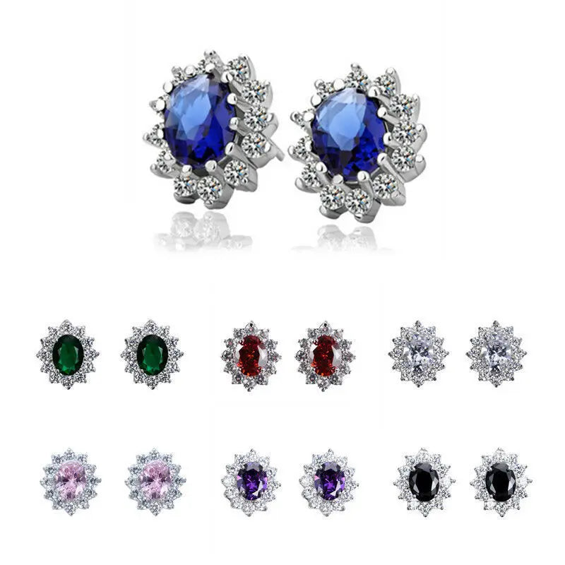 Silver Plated Oval Zircon Stud Earrings Flower Design Claw Setting for Women Party Jewelry Classic Style Zinc Alloy