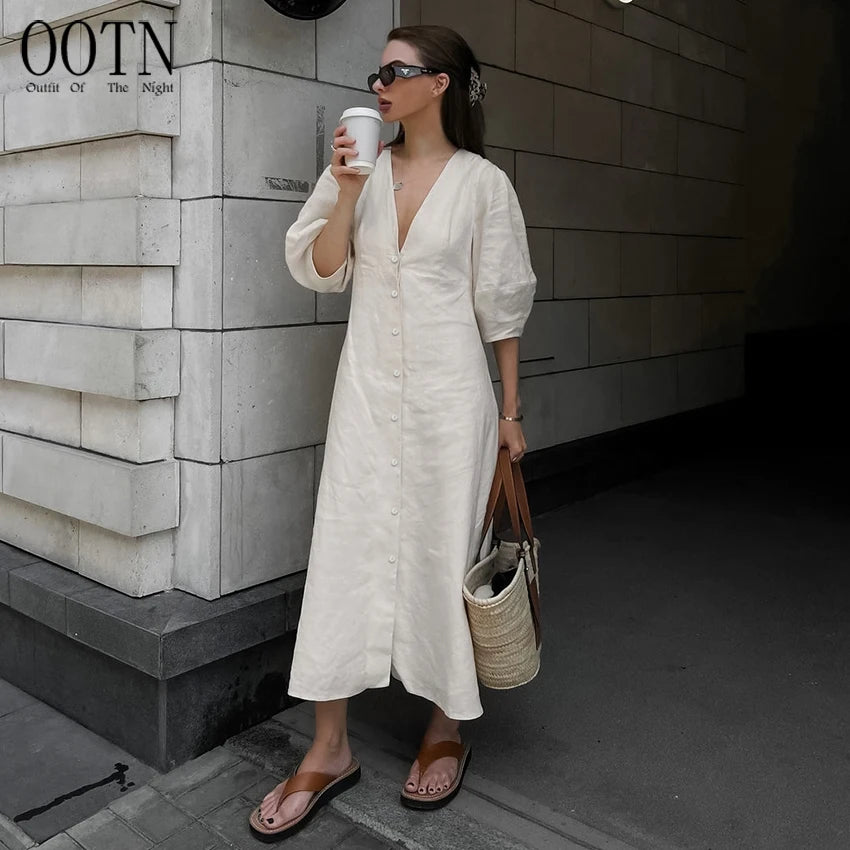 OOTN Ladies V-Neck Cotton Dresses Soft Summer 2023 Puff Sleeve Long Backless Button Dress Elegant Beige Women Linen Dress
