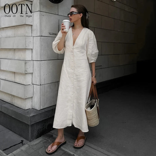 OOTN Ladies V-Neck Cotton Dresses Soft Summer 2023 Puff Sleeve Long Backless Button Dress Elegant Beige Women Linen Dress