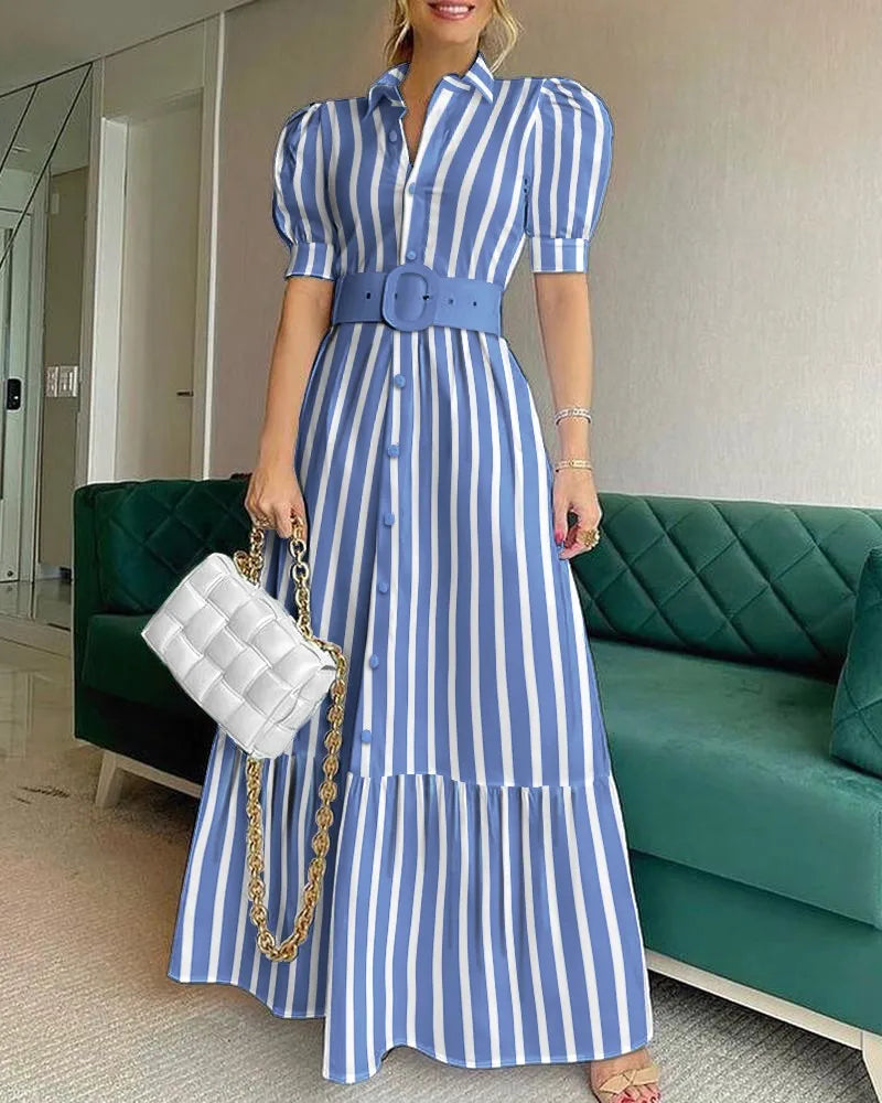 2025 European and American New Style Fashion Lapel Short Sleeved With Large Swing Whit Belt Long Dress