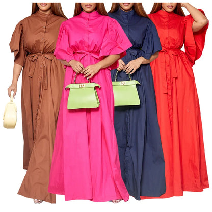 D3270 Trendy Elegant Loose Summer Dress for Women Flare Sleeves Single Breasted Long Dresses Women Casual Ladies Maxi Dress