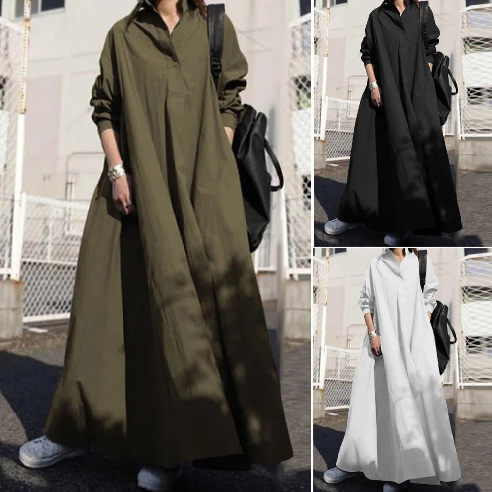 Autumn Loose Long Sleeve Large Swing Solid Color Cotton Linen Retro National Style Wide Jumpsuit