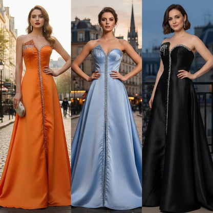 Serene Hill LA71847 Orange Satin A-Line Evening Gown with Front Slit Beaded Strapless Elegant Party Prom Dress for Women 2026