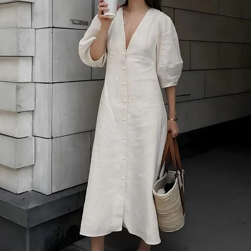 OOTN Ladies V-Neck Cotton Dresses Soft Summer 2023 Puff Sleeve Long Backless Button Dress Elegant Beige Women Linen Dress