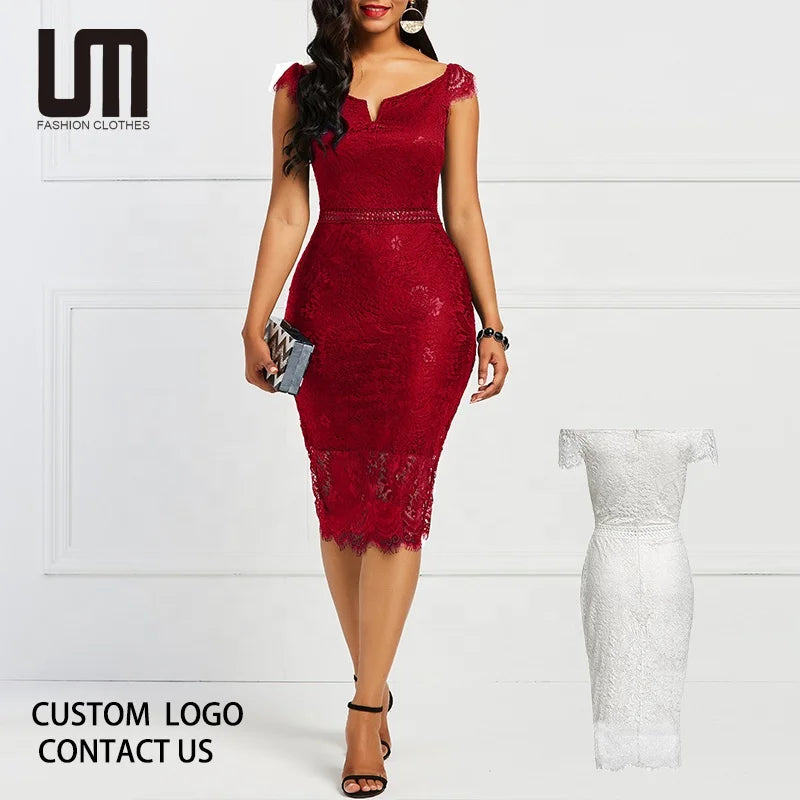Liu Ming Hot Selling Wholesale Sexy Women V Neck Lace Party Club Wear Evening Short Midi Dress