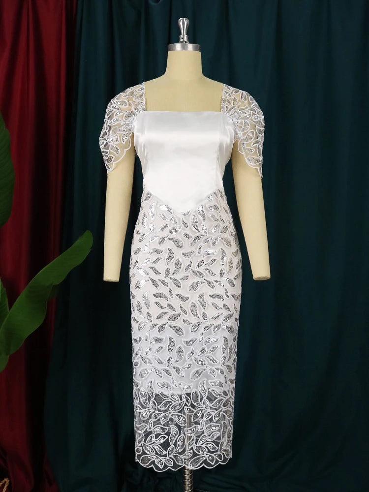 X8117 New Trends Square Neck Backless Split Dress Tulle Patchwork Elegant Women White Lace Evening Dresses