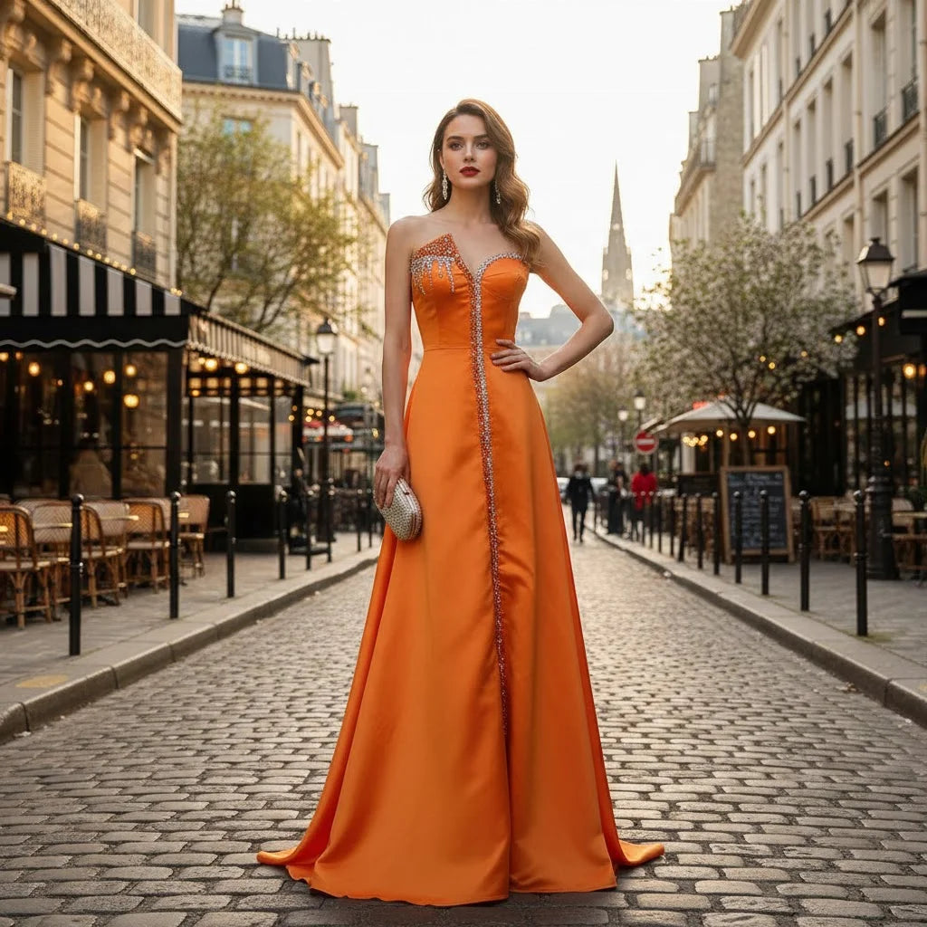 Serene Hill LA71847 Orange Satin A-Line Evening Gown with Front Slit Beaded Strapless Elegant Party Prom Dress for Women 2026