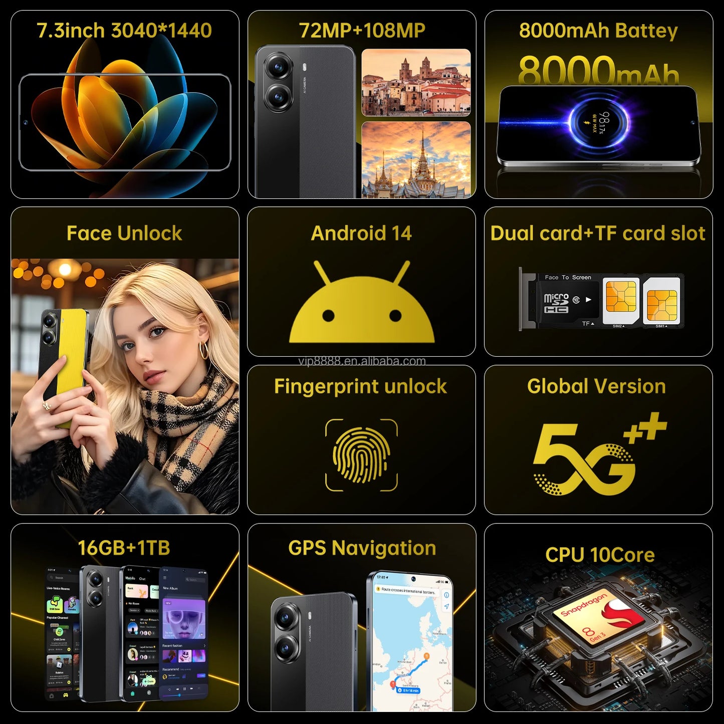 Real High Quality X7 Pro 16+1TB Smartphone Hot Selling 7.3 Inch Big Screen Cheap Android 14 Cellphones Smart Phones