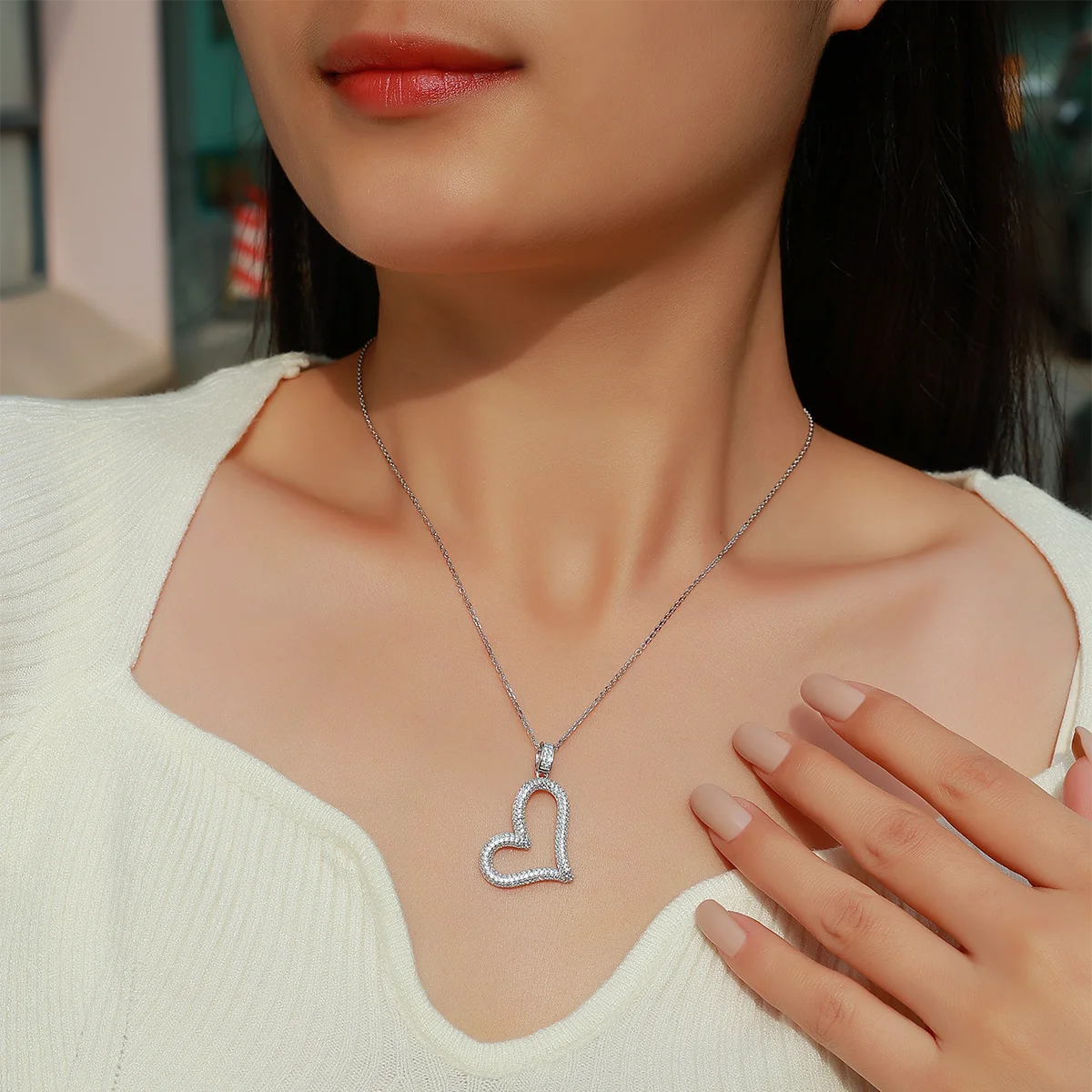 S925 Silver Iced Out Hollow Heart Necklace Hypoallergenic CZ Zirconia Heart Pendant Women's Fine Jewelry
