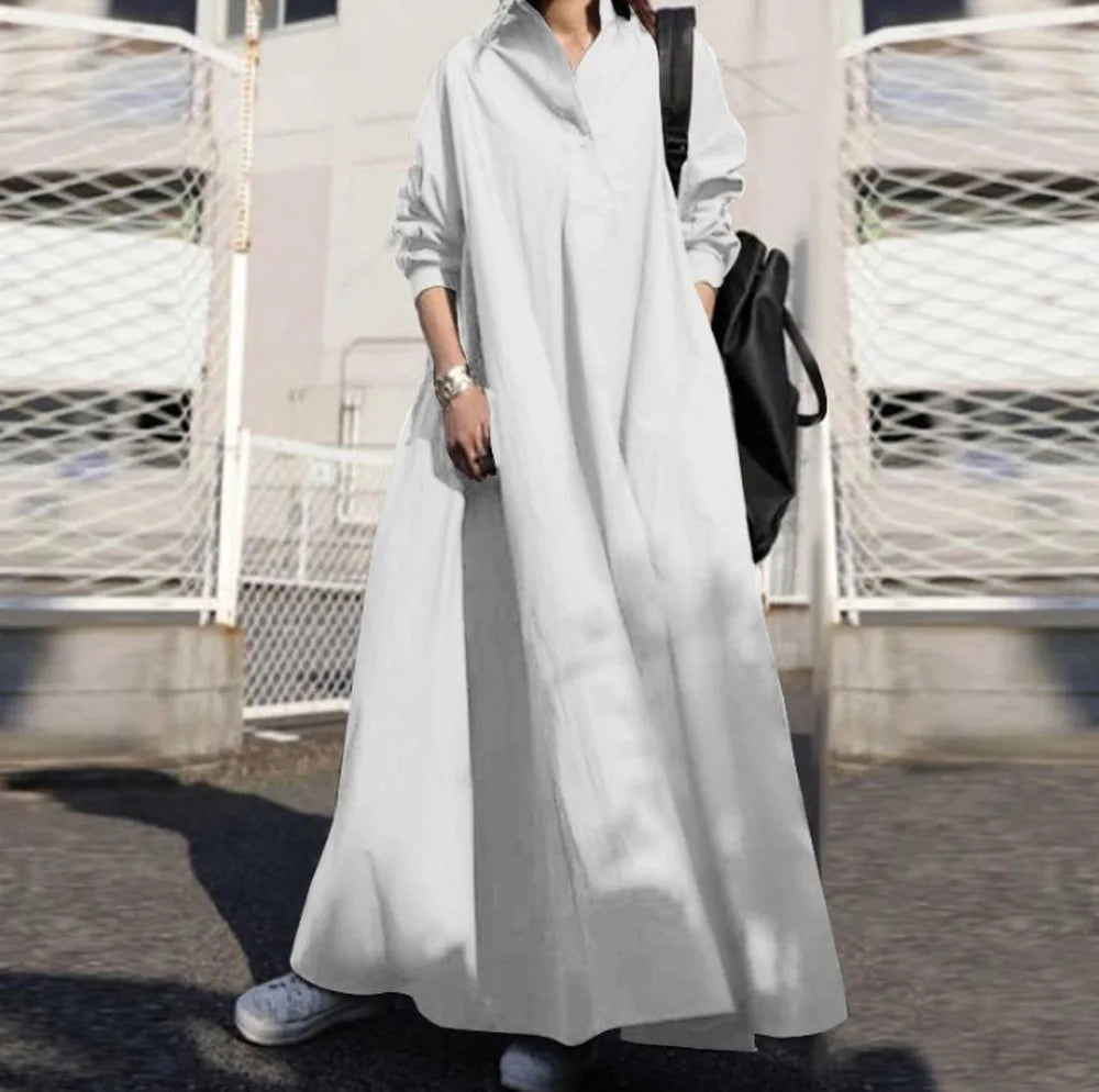 Autumn Loose Long Sleeve Large Swing Solid Color Cotton Linen Retro National Style Wide Jumpsuit
