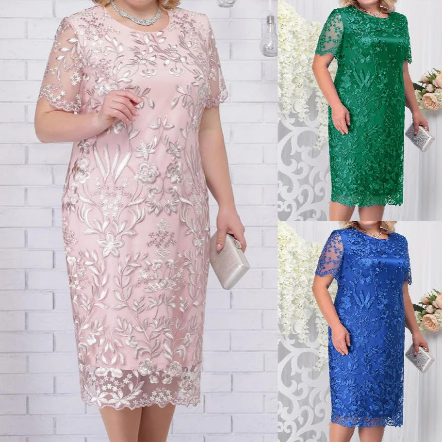 New Plus Size Women's Splicing Embroidery Lace Slim Dresses