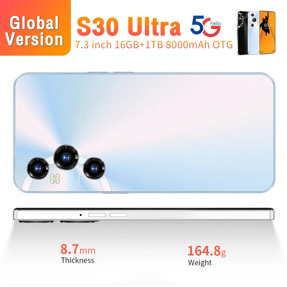 Celular NETWORK Full Display S30 Ultra 16GB+1TB 7.3 Inch Android 13 Cheap Phones for Mobile Smart Phone