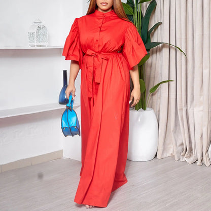 Trendy Elegant Loose Summer Dress for Women Flare Sleeves Single Breasted Long Dresses Women Casual Ladies Maxi Dress