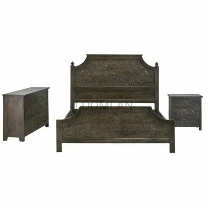 Karia Hand Carved Dark Stain Wood Panel King Bed