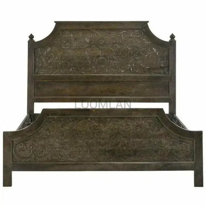 Karia Hand Carved Dark Stain Wood Panel King Bed