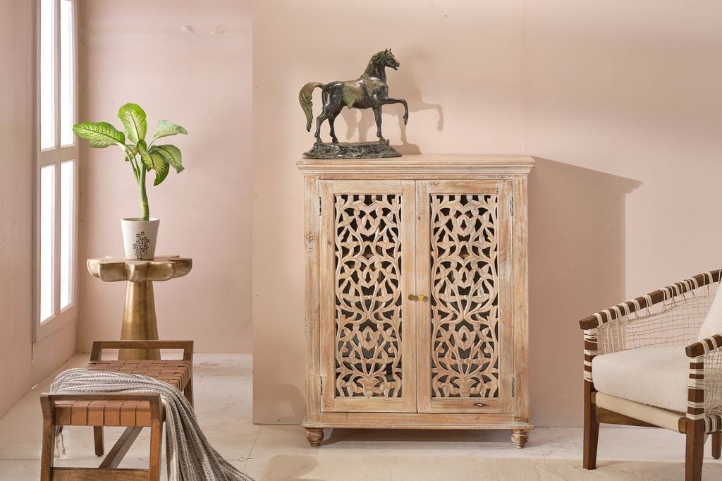 Norella Coastal Tall Bar Cabinet Carved Wood Doors