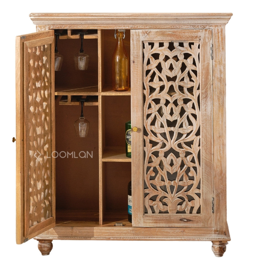 Norella Coastal Tall Bar Cabinet Carved Wood Doors
