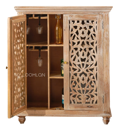 Norella Coastal Tall Bar Cabinet Carved Wood Doors