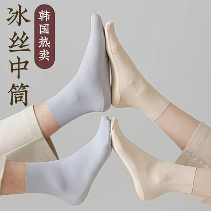 Mens Socks Summer Ultra-thin Breathable Ice Silk Middle Tube Socks Men Women Solid Color Black White Gray Elastic Long Socks Sox