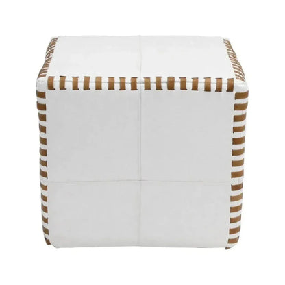 Ottoman Pouf Cube Stitched, White Leather
