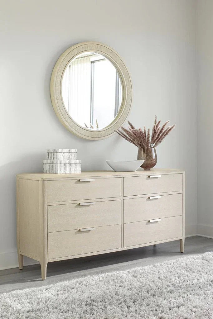 Pearl Six Drawer Dresser and Woven Round Mirror
