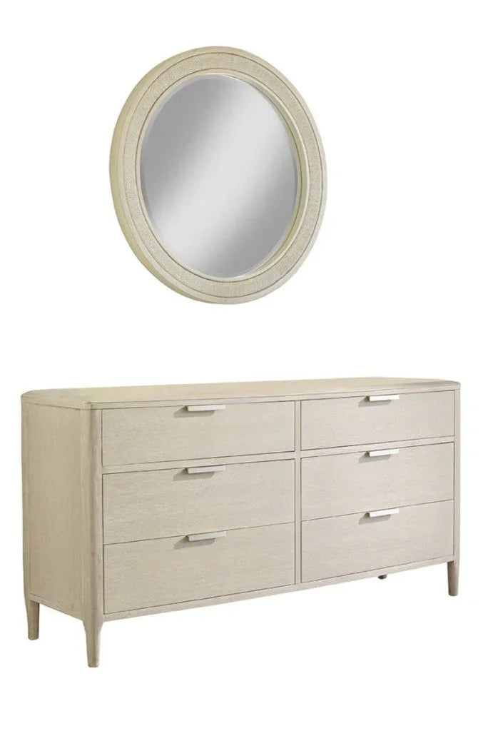 Pearl Six Drawer Dresser and Woven Round Mirror