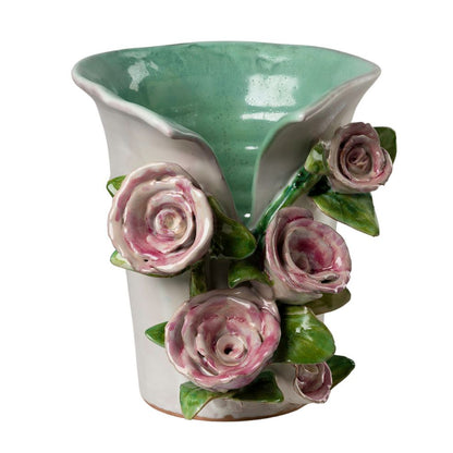 Pink Roses Design White Ceramic Vase
