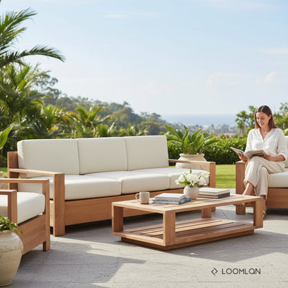 Qube Teak Patio Deep Sofa Set with Sunbrella Cushion 4PC