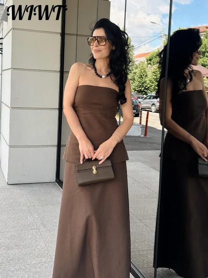 Vintage Patchwork Strapless Long Robes Women's Slim Backless Solid A-line Chest Wrap Dress 2025 Summer New Female Dresses