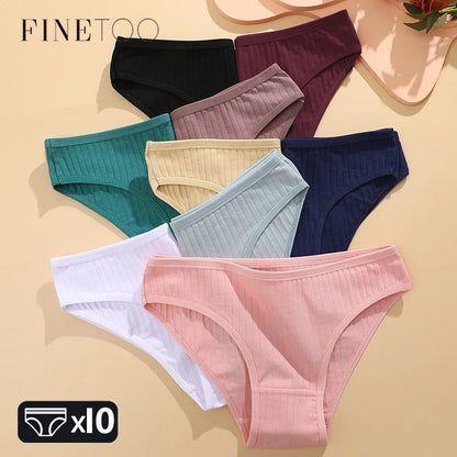 FINETOO 10PCS Women's Cotton Panties Sexy Breathable Underwear Female Solid Comfortable Lingerie Striped Briefs Wholesale M-XL