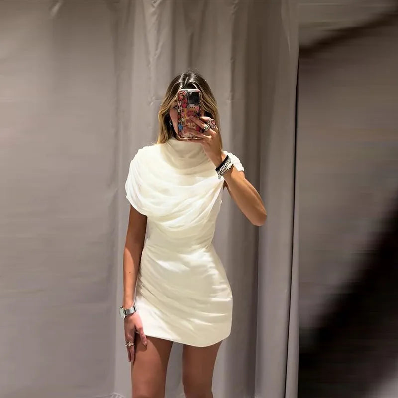 Elegant Mesh Shawl Short Dress Women Pleated Half High Collar Sleeveless Female Dresses 2026 Spring Lady Chic Party Gowns New