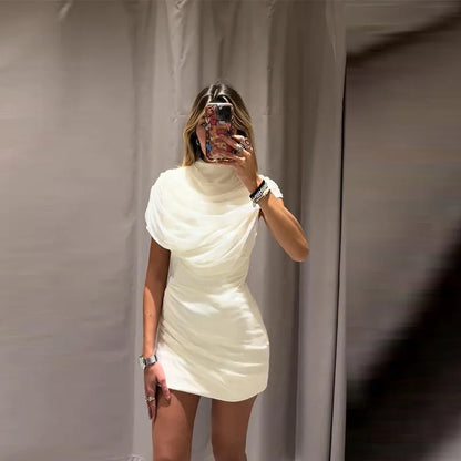 Elegant Mesh Shawl Short Dress Women Pleated Half High Collar Sleeveless Female Dresses 2026 Spring Lady Chic Party Gowns New