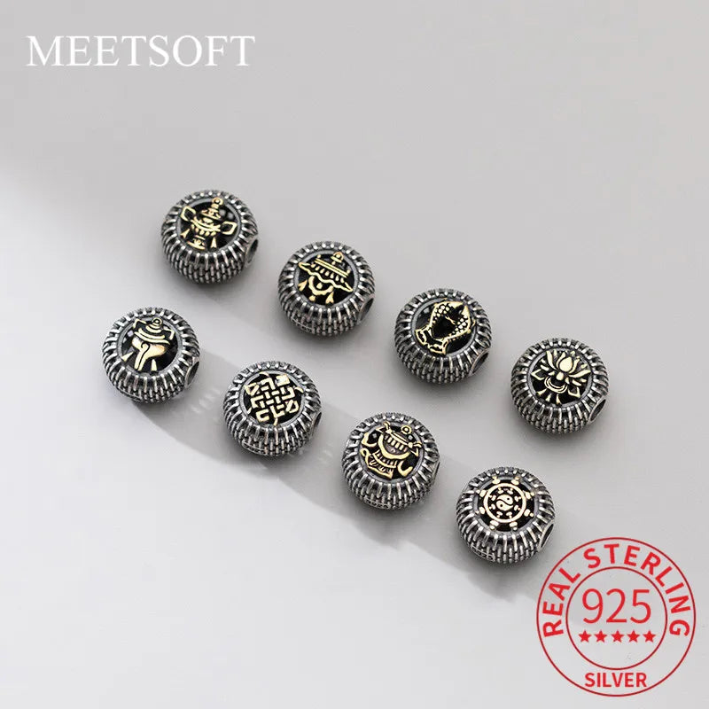 MEETSOFT  Vintage 925 Sterling Silver Auspicious Eight Treasures Beads Charms of DIY Handmade Bracelets Accessories Wholesale