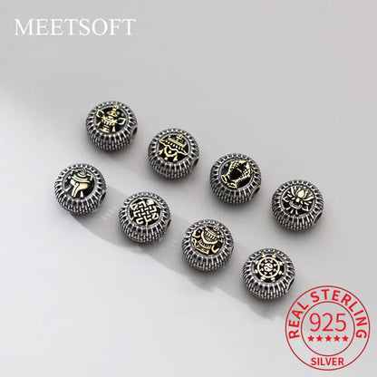 MEETSOFT  Vintage 925 Sterling Silver Auspicious Eight Treasures Beads Charms of DIY Handmade Bracelets Accessories Wholesale
