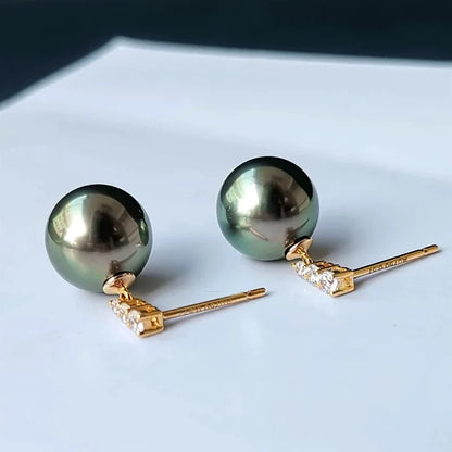 18K Yellow Gold Tahiti Pearl Drop Earrings For Women,Big Natural Black Pearl Earrings AU750 Wedding Gift Girl