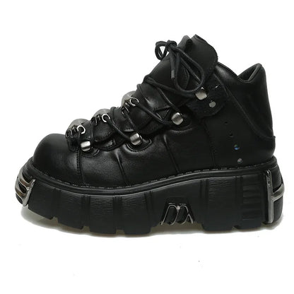 2025 New Punk Women Platform Ankle Boots Leopard Print Rock Round Toe Lace Up Fashion Retro Chunky Shoes Metal Decor Short Boots
