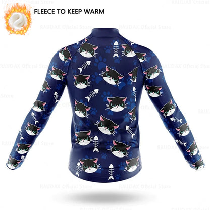 Cartoon Cat Winter Cycling Jersey Men Thermal Fleece Long Sleeve Race Sweatshirt MTB Cycling Clothing Ropa Ciclismo Bike Jacket